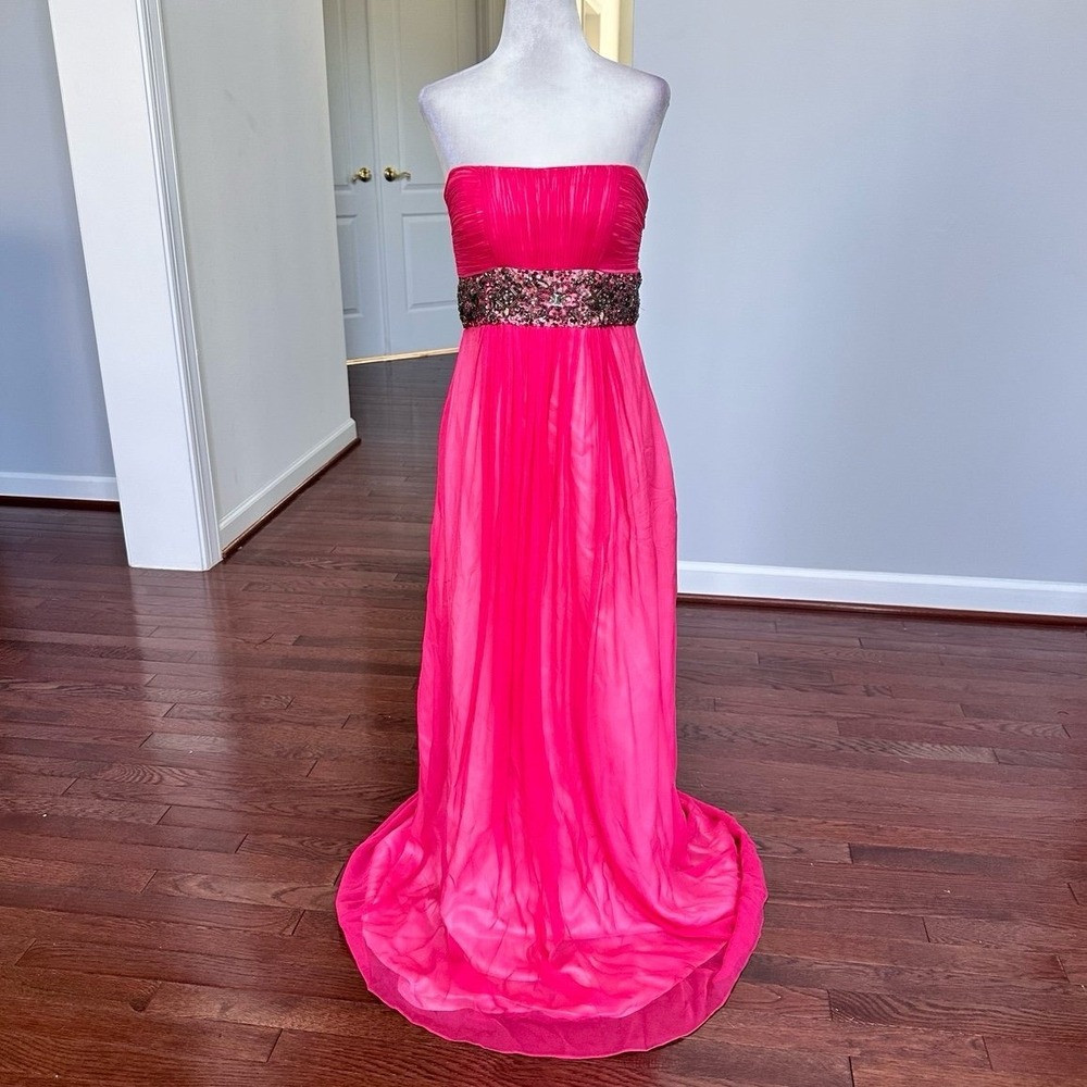Adrianna Papell Silk Feminine Hot Pink Beaded Embellished Strapless Gown Dress